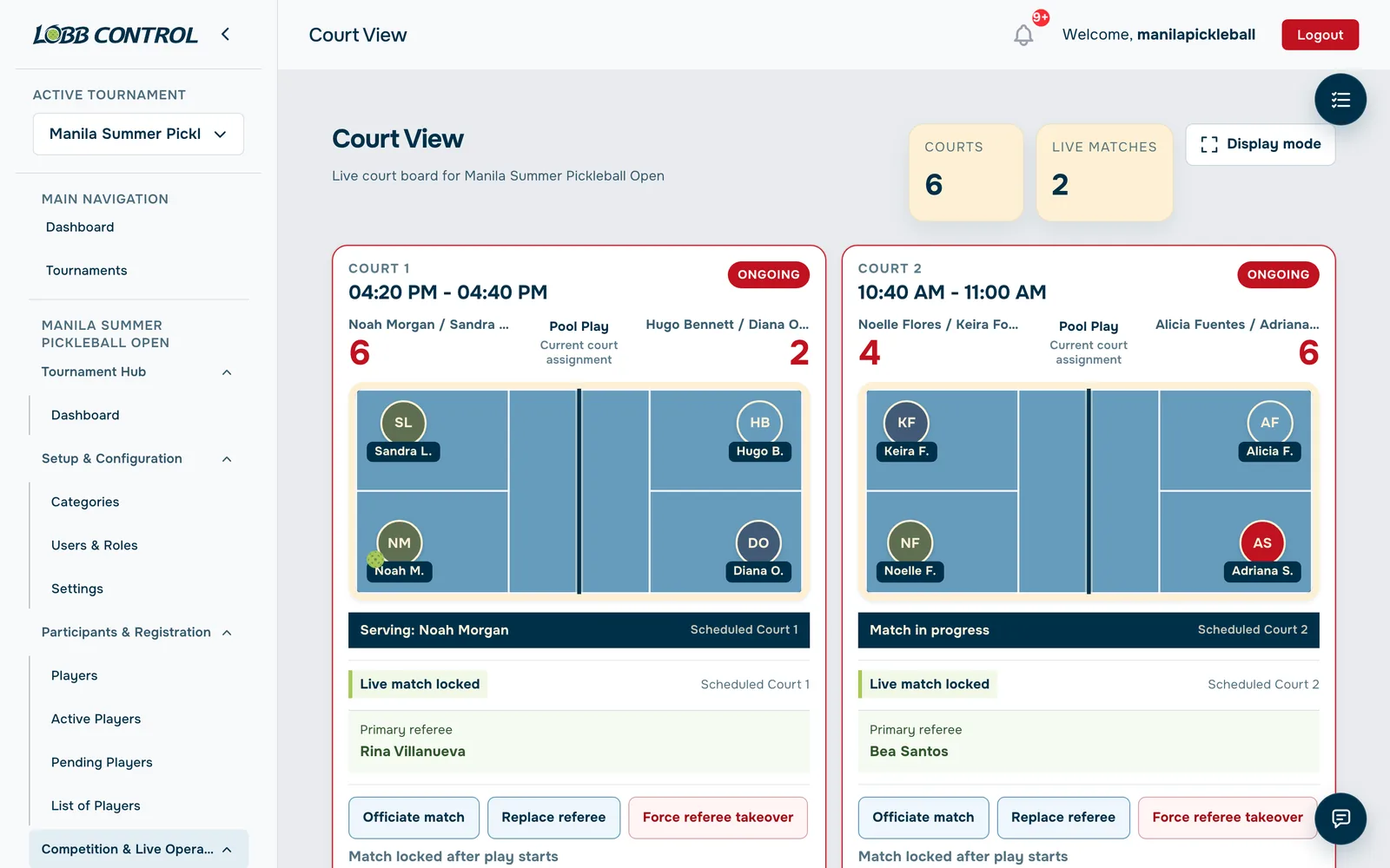 Lobb Control Court View showing two live courts with scores, serving player and assigned referees