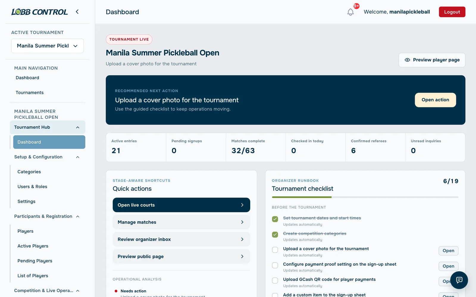 Lobb Control organizer dashboard with recommended next action, live stats and tournament checklist