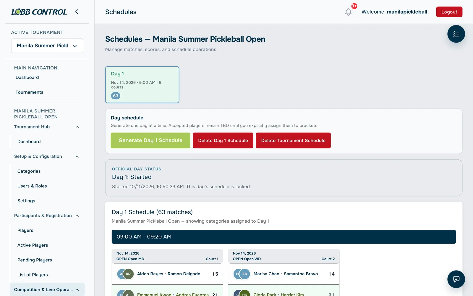 Lobb Control organizer schedule page showing a generated 63-match day across 6 courts
