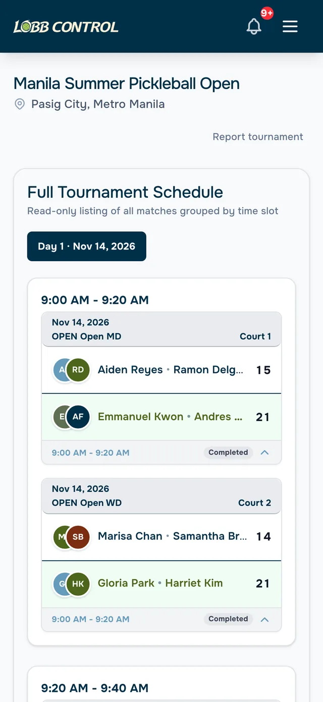 Full tournament schedule on a phone