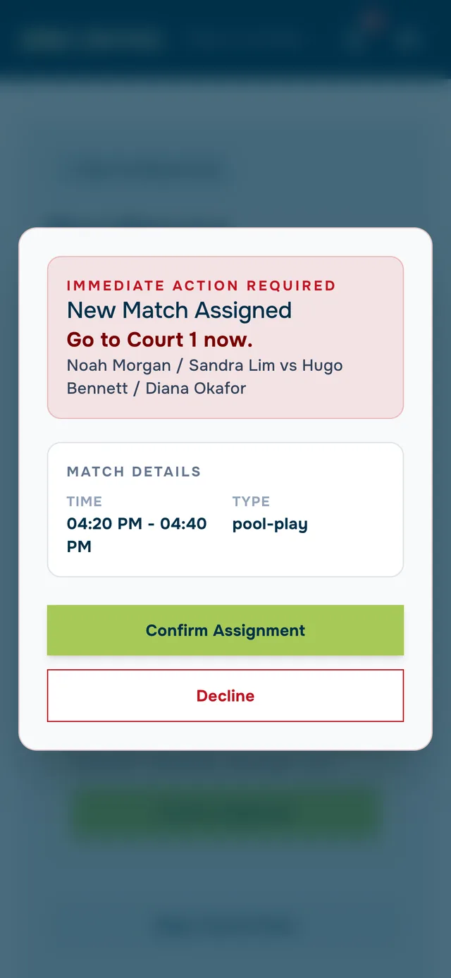 Referee alert on a phone: New match assigned, go to Court 1 now, with Confirm Assignment button